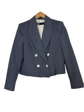 Zara Cropped Blazer Double Breasted Linen Cotton Blend Blue Size M